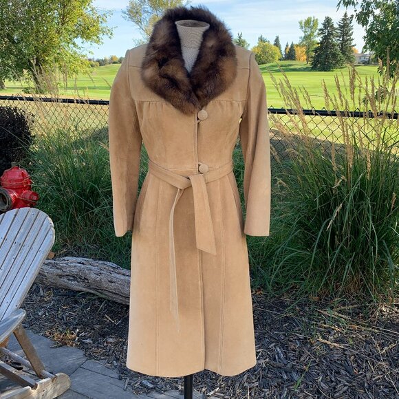Vintage Sears Suede Real Fur Collar Belted Long Overcoat Trench Penny Lane Coat - Picture 1 of 15